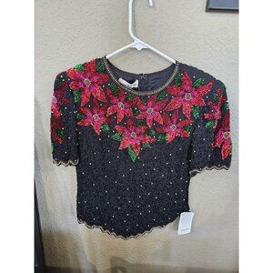 Laurence Kazar All Over Beaded Floral Blouse Shirt Vintage Women's Large NEW